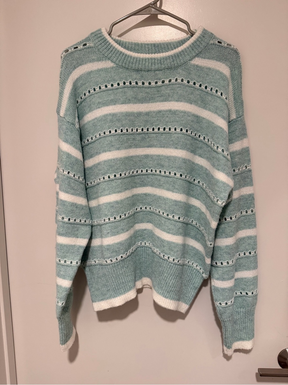 Listicle Striped Open-Knit Crewneck Sweater in Light Teal and White